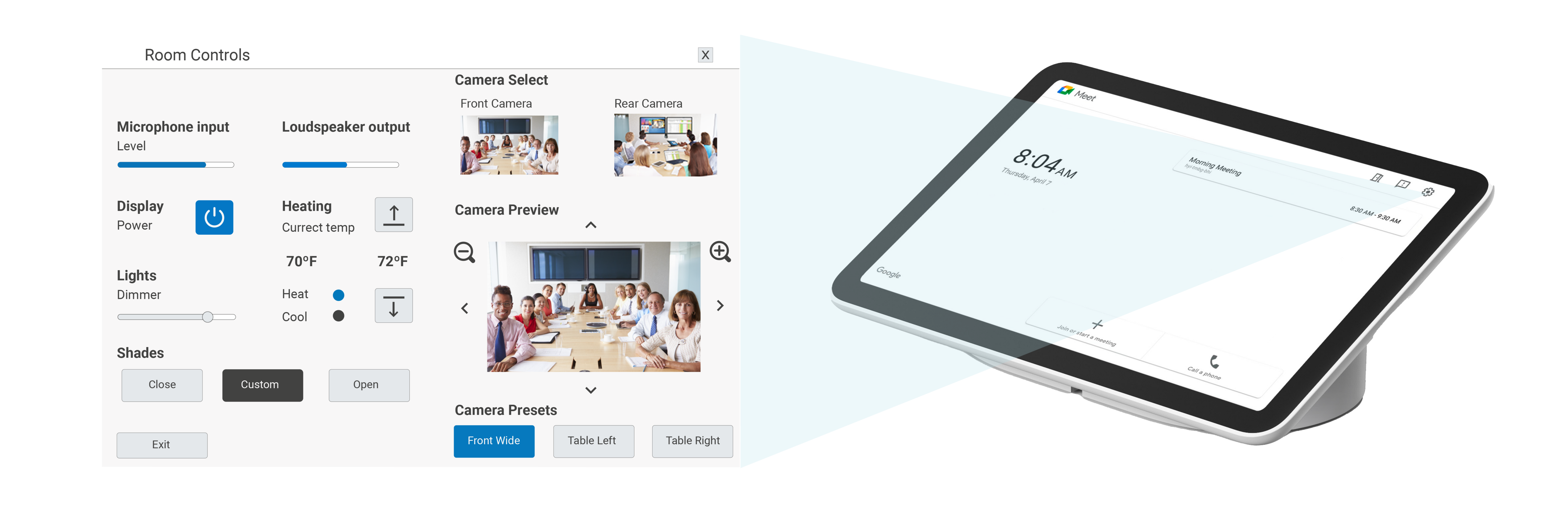 Touch Screen displaying Google Meets room controls