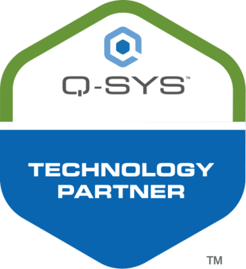 Hexagonal graphic that states: 'Q-SYS Technology Partner'