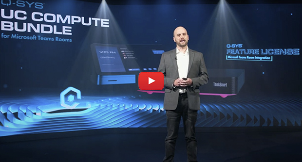 Video thumbnail of a man on a stage presenting the Q-SYS UC Compute Bundle for Microsoft Teams Rooms