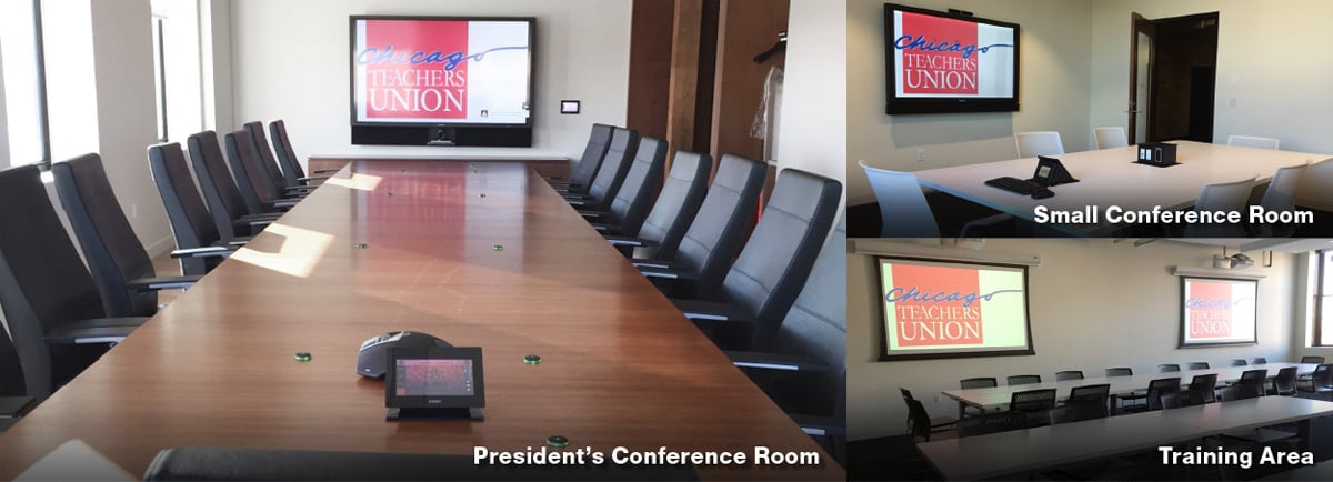 Three separate conference rooms featuring Q-SYS peripherals in the Chicago Teachers Union Center
