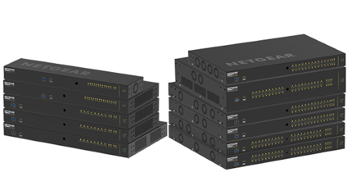 Group shot of stacked NETGEAR AV Line Switches