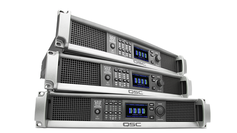 Front view of two Q-SYS CX-Q Series Amplifiers