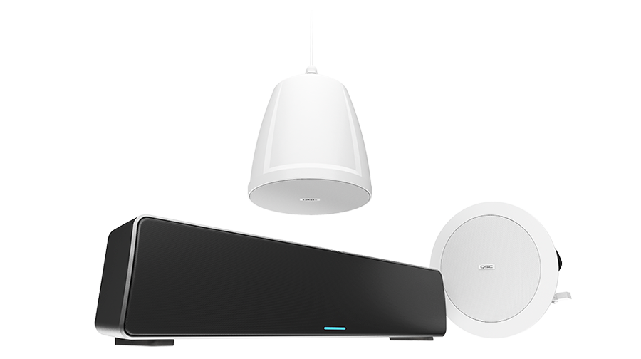 Group shot of three NL Series Speakers including a pendant, in-ceiling, and sound bar speaker
