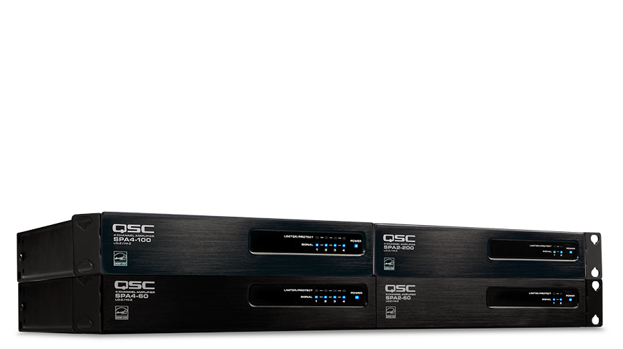 Front view of a 4 Q-SYS SPA Series Network Amplifiers