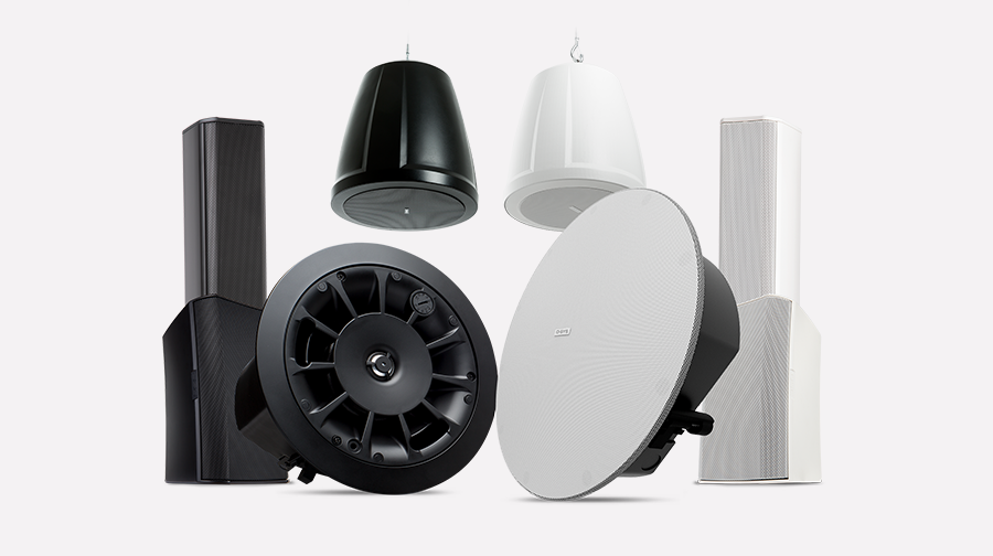 Group shot of the AcousticDesign Series speakers in black and white