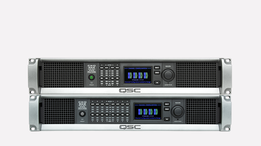 Front view of two Q-SYS CX-Q Series Amplifiers