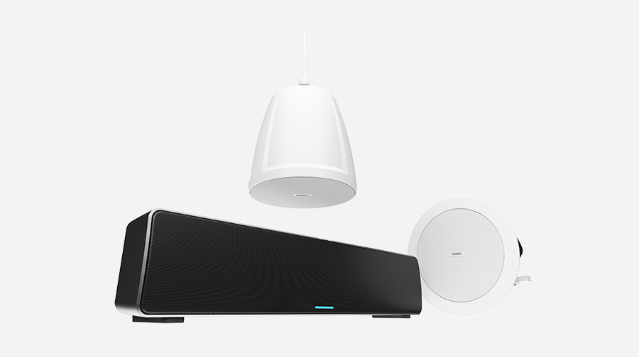 Group shot of three NL Series Speakers including a pendant, in-ceiling, and sound bar speaker