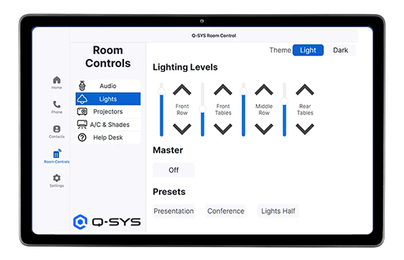 Tablet displaying Q-SYS Room controls