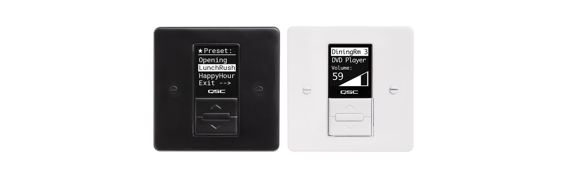 Hero front view of two EU MP-MRC wall controllers in black and white