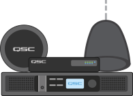 Icon of a collection of Q-SYS hardware, including rack equipment, pendant speaker, and microphone