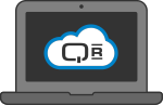 Icon of a laptop displaying a cloud with a Q inside representing Q-SYS cloud capabilities