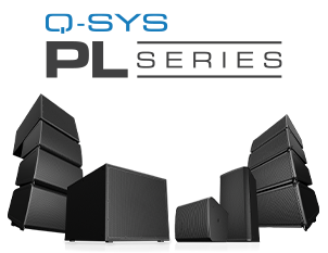 Array of new Q-SYS PL Series including Line Arrays, Subs, and Loudspeakers