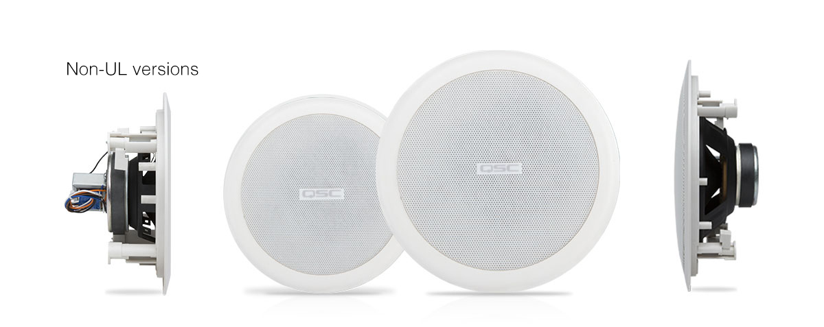 Hero front and side profile view of two models of AcousticCoverage Series in-ceiling speakers