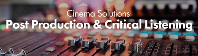 Closeup of an audio mixer text reads: 'Cinema Solutions Post Production & Critical Listening'