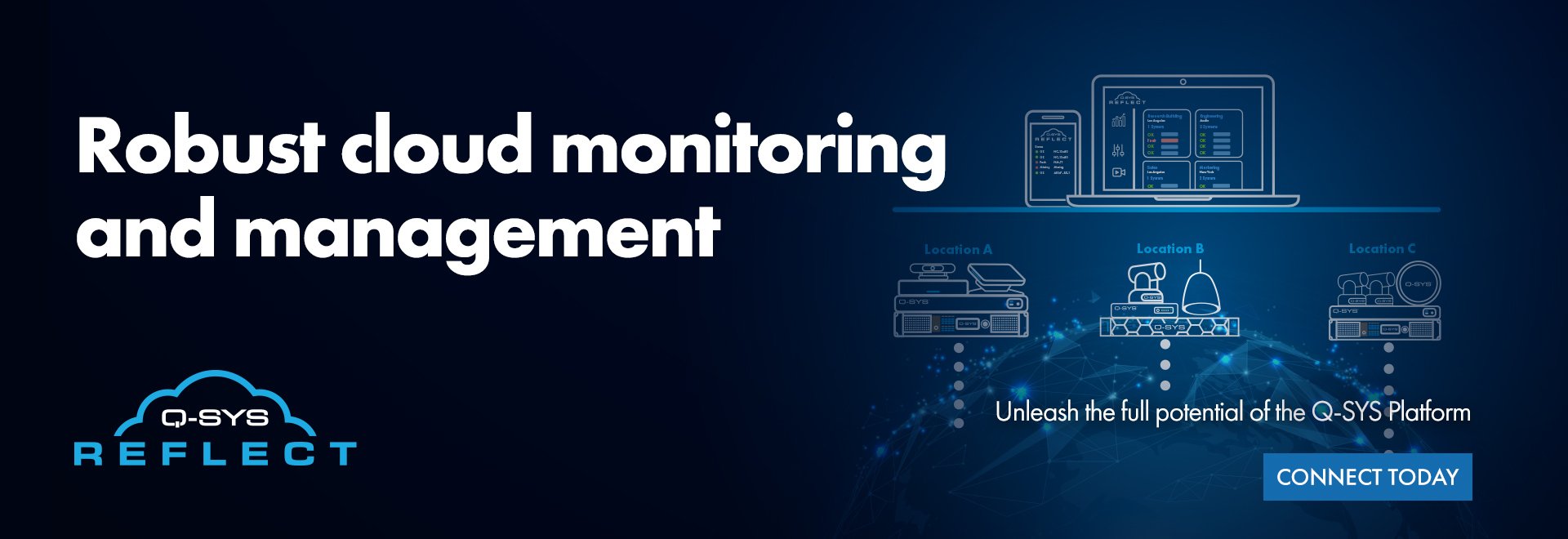 Q-SYS Reflect banner text reads: 'Robust cloud monitoring and management'