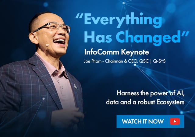 Q-SYS InfoComm Keynote banner text reads: 'Learn to harness the power of AI, data and a robust Ecosystem'