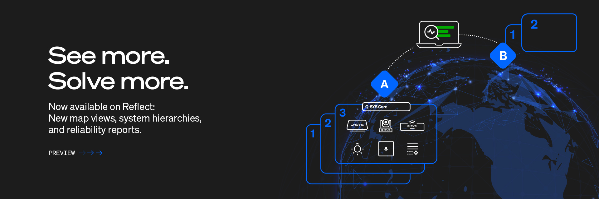 Q-SYS Reflect banner text reads: 'See more, solve more;Now available on Reflect: New map views, system hierarchies, and reliability reports.'