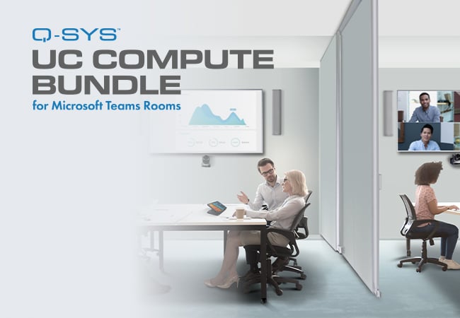 Banner text reads: 'Q-SYS UC Compute Bundle for Microsoft Teams Rooms'