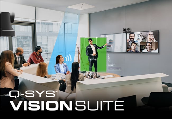 Employees in a conference room with illustrations of VisionSuite camera, and microphone functionality