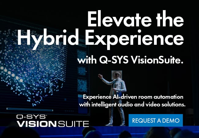 Q-SYS VisionSuite banner text reads: 'Experience AI-driven room automation with intelligent audio and video solutions'