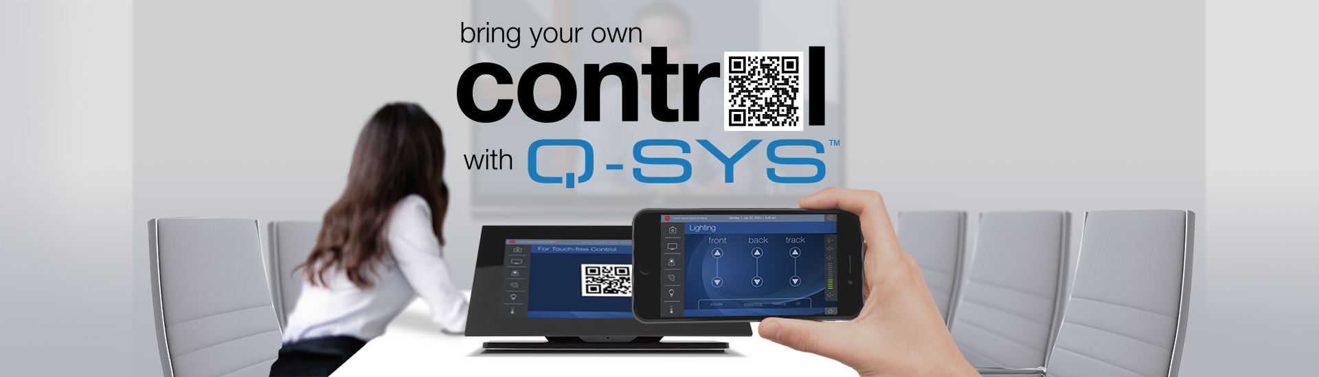 Banner of a phone infront of a touch screen bowh displaying Q-SYS control applications